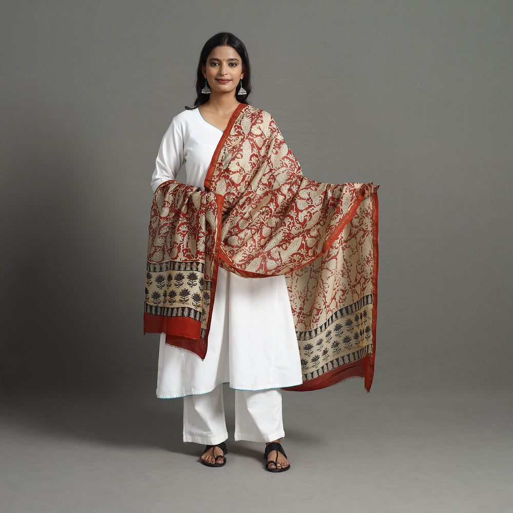 Orange - Chanderi Silk Bagru Print Dupatta with Zari Border 25