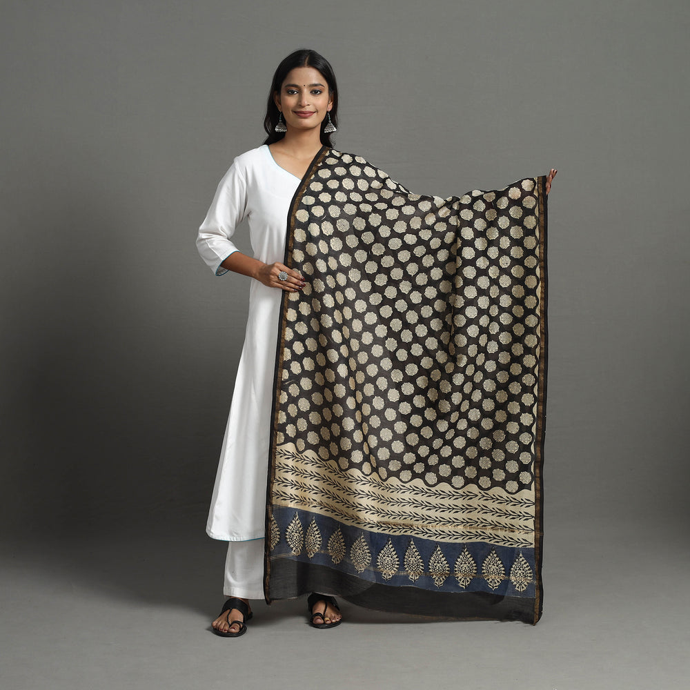 Black - Chanderi Silk Bagru Print Dupatta with Zari Border 26