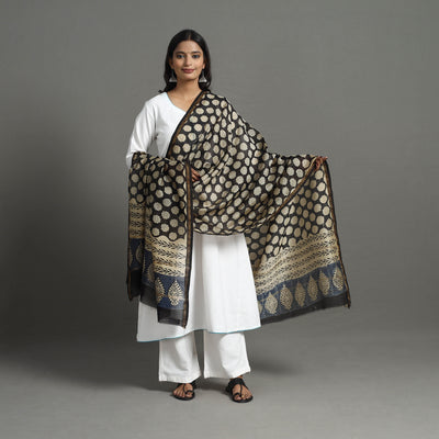 Black - Chanderi Silk Bagru Print Dupatta with Zari Border 26