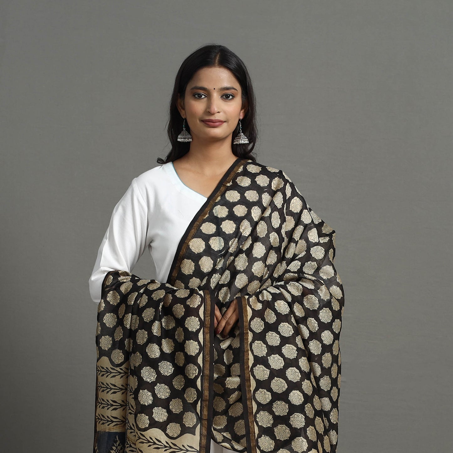 Black - Chanderi Silk Bagru Print Dupatta with Zari Border 26