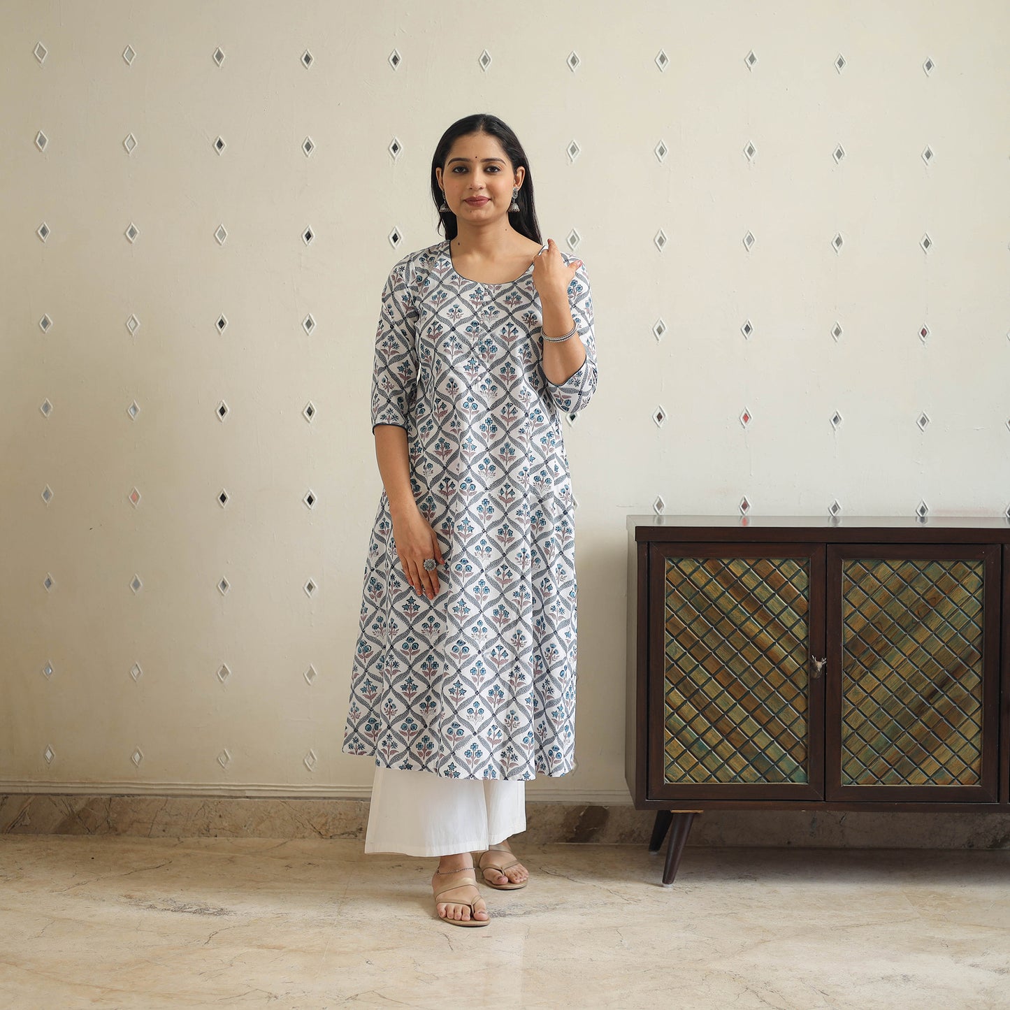 White Block Print Cotton A-Line Sanganeri Kurta for Women