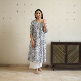 White Block Print Cotton A-Line Sanganeri Kurta for Women