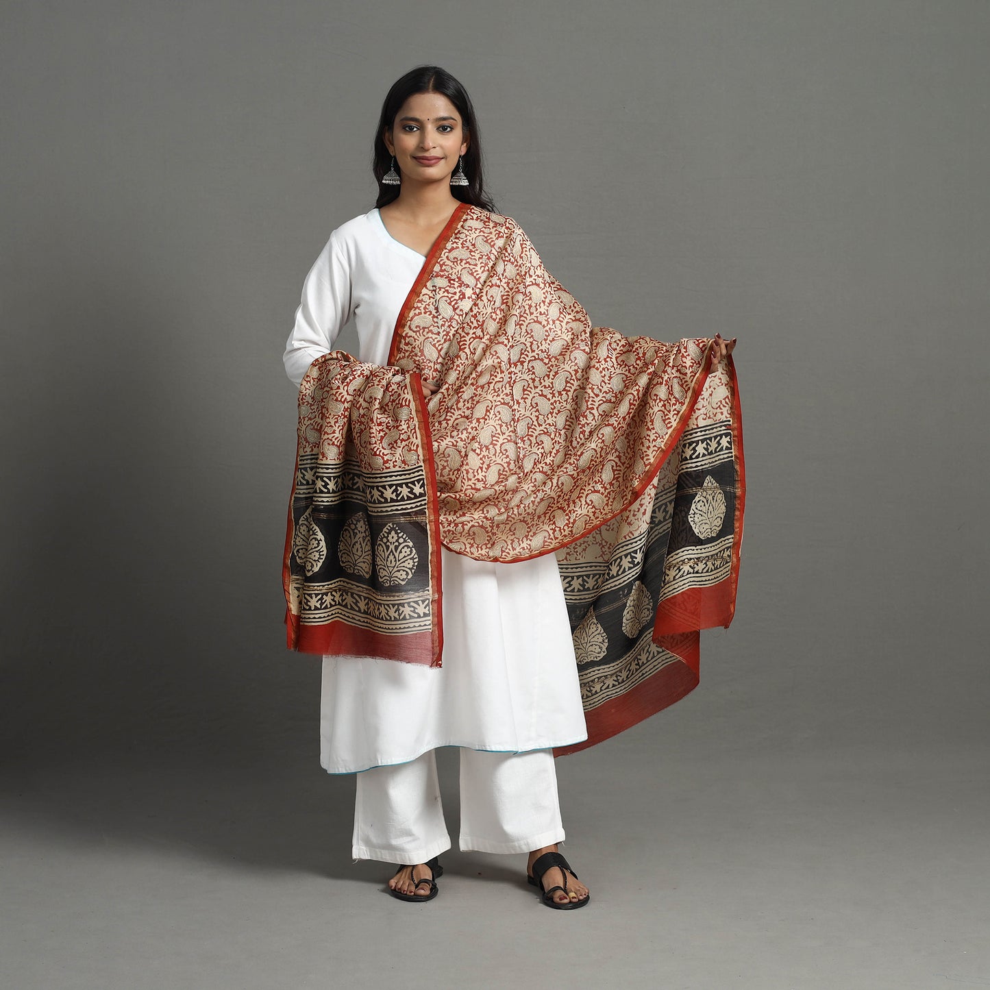 Orange - Chanderi Silk Bagru Print Dupatta with Zari Border 28