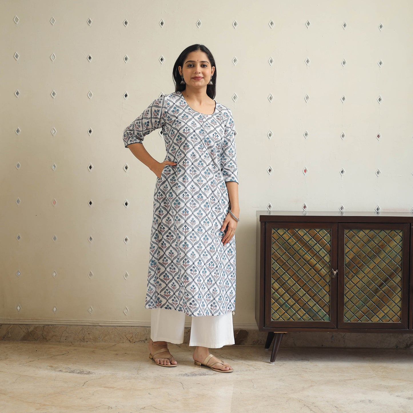 White Block Print Cotton A-Line Sanganeri Kurta for Women