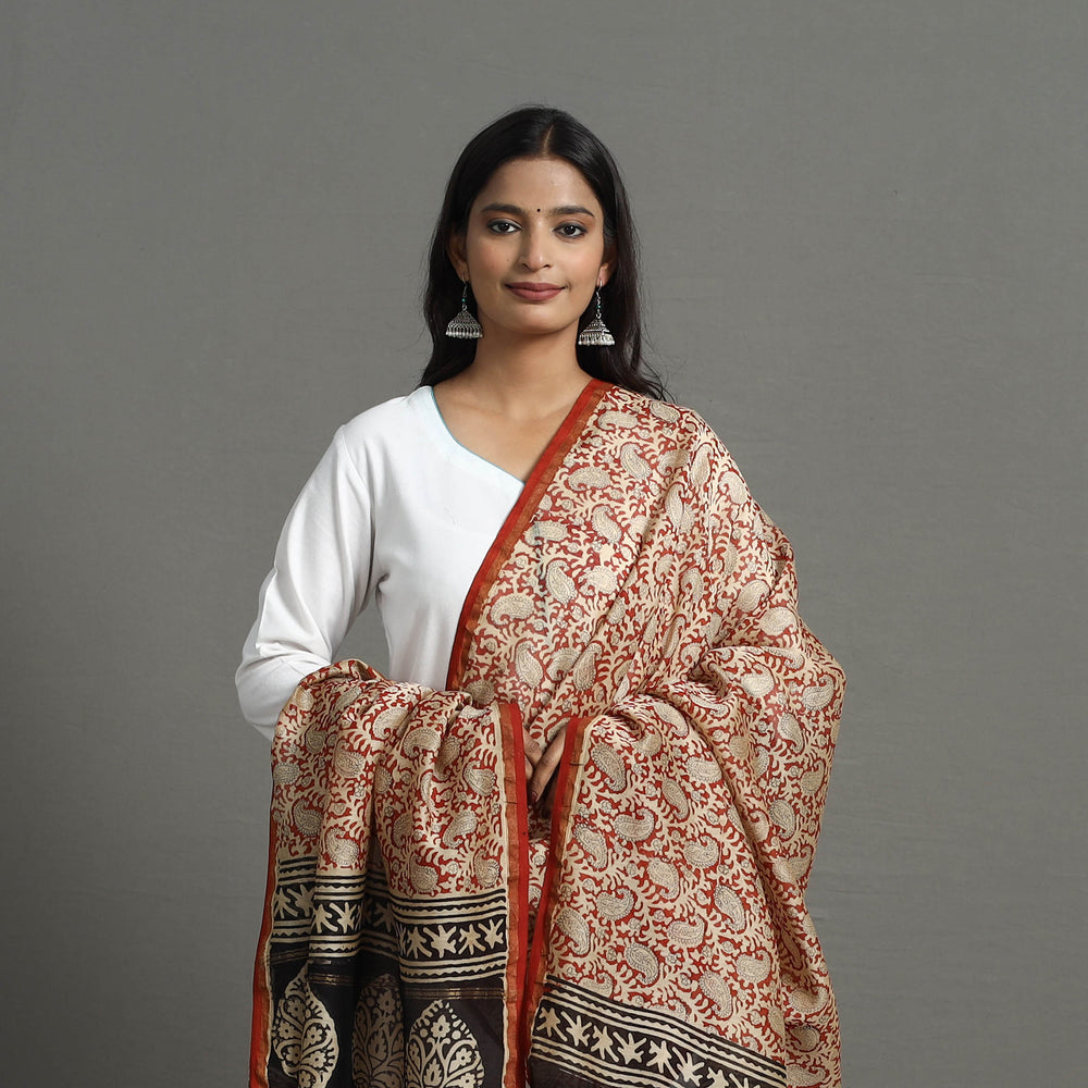 Orange - Chanderi Silk Bagru Print Dupatta with Zari Border 28