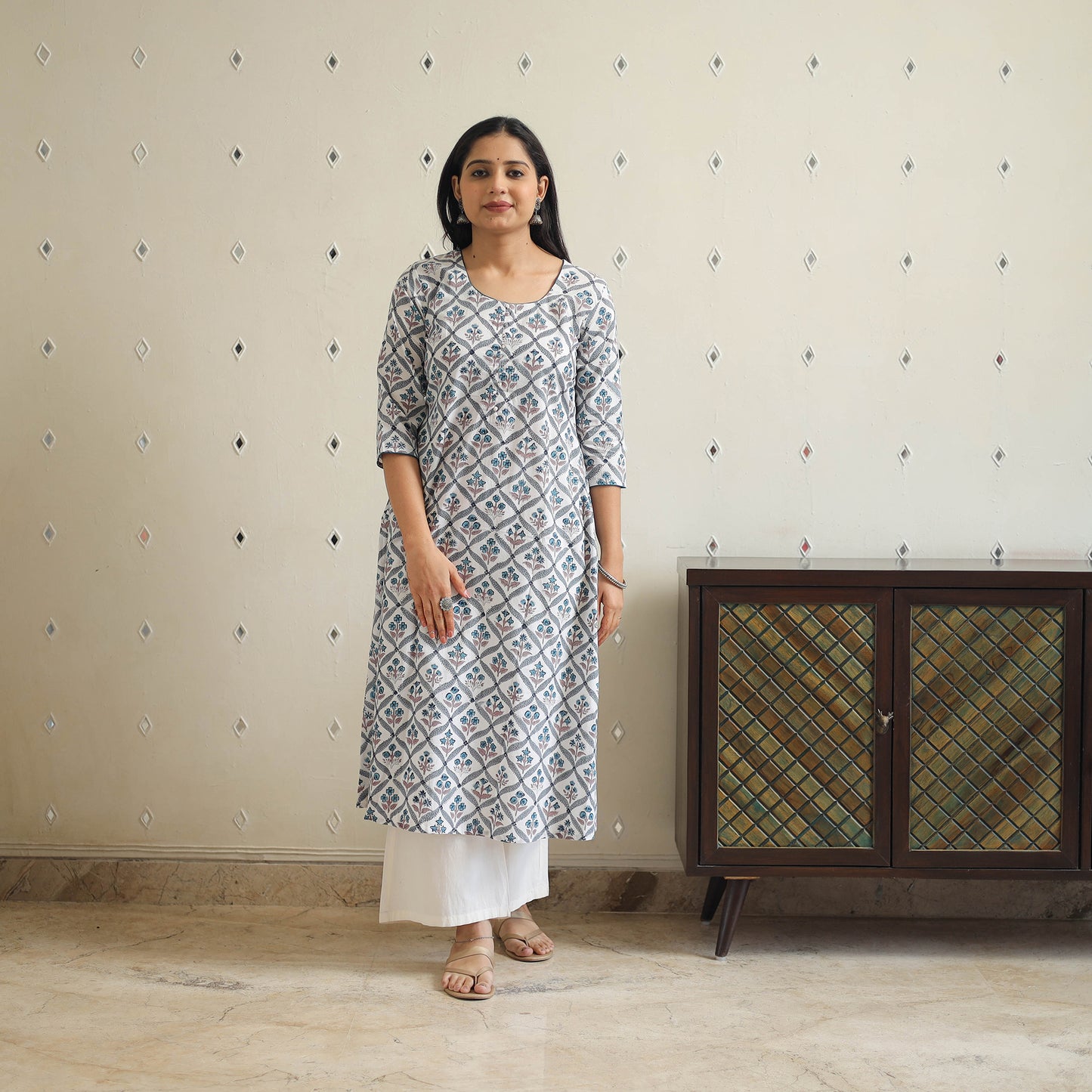 White Block Print Cotton A-Line Sanganeri Kurta for Women