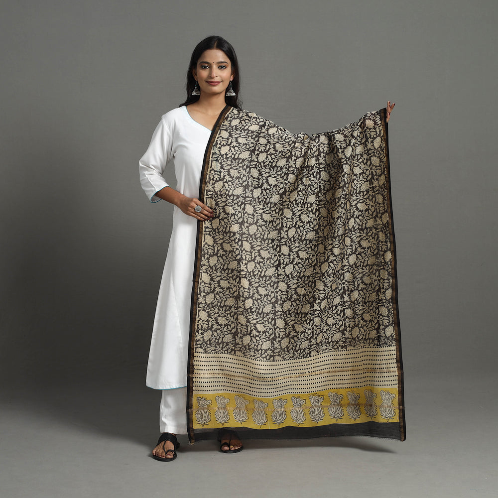 Black - Chanderi Silk Bagru Print Dupatta with Zari Border 29