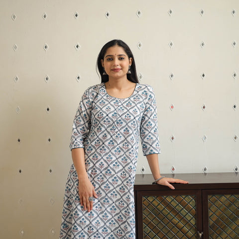 White Block Print Cotton A-Line Sanganeri Kurta for Women