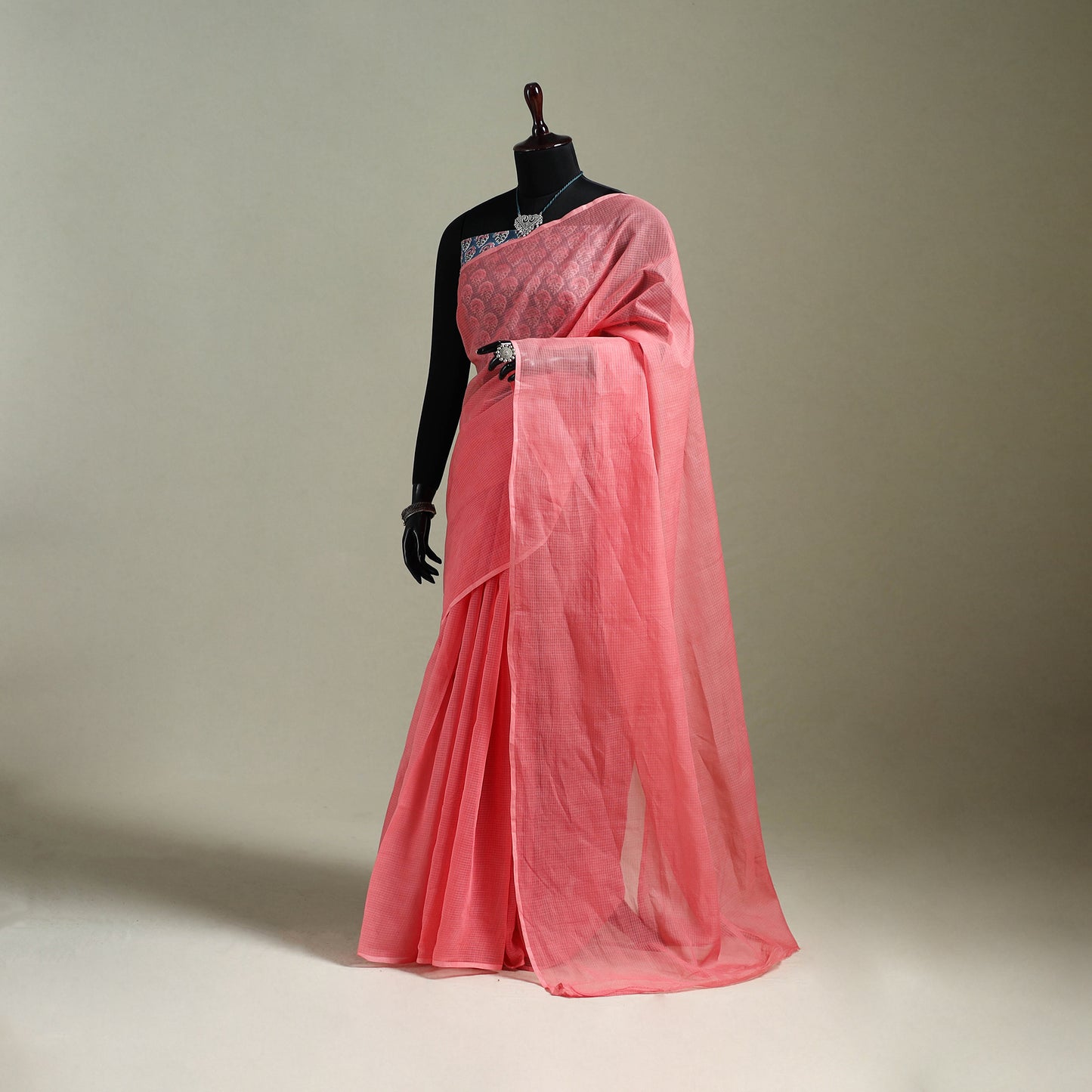 Pink - Nazaakat Kota Doria Cotton Plain Saree with Blouse & Jewellery Set 81