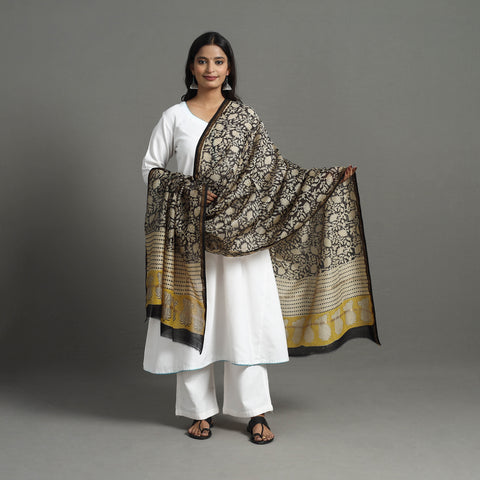 Black - Chanderi Silk Bagru Print Dupatta with Zari Border 29