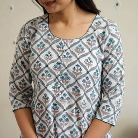 White Block Print Cotton A-Line Sanganeri Kurta for Women