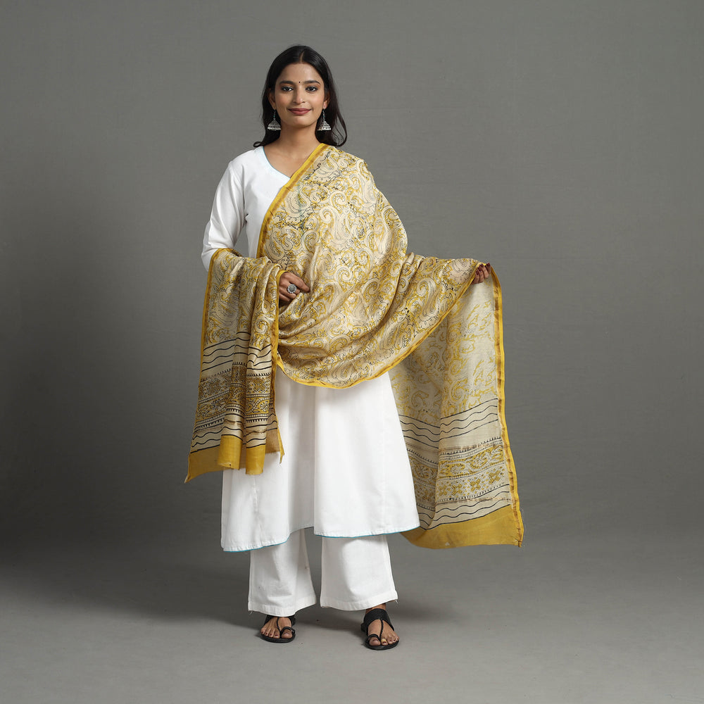 Yellow - Chanderi Silk Bagru Print Dupatta with Zari Border 30