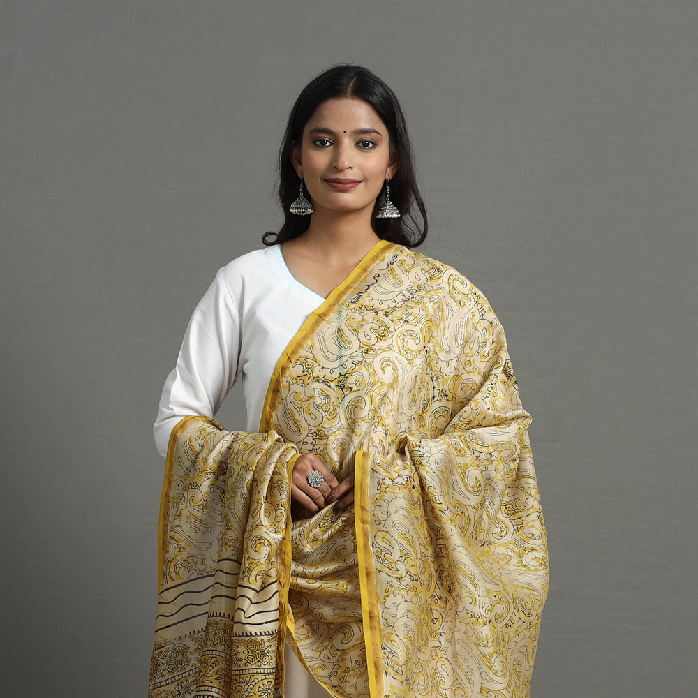 Yellow - Chanderi Silk Bagru Print Dupatta with Zari Border 30