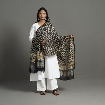 Black - Chanderi Silk Bagru Print Dupatta with Zari Border 31