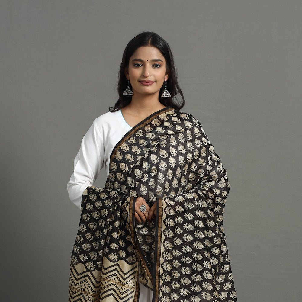 Black - Chanderi Silk Bagru Print Dupatta with Zari Border 31