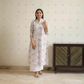 White Block Print Cotton A-Line Sanganeri Kurta for Women