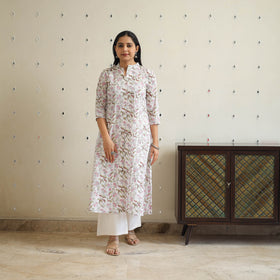White Block Print Cotton A-Line Sanganeri Kurta for Women