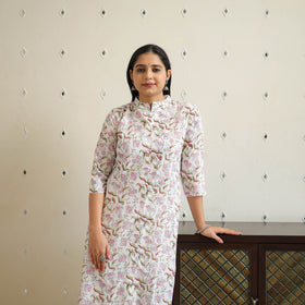 White Block Print Cotton A-Line Sanganeri Kurta for Women