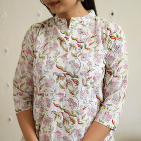 White Block Print Cotton A-Line Sanganeri Kurta for Women
