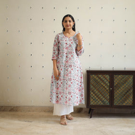 White Block Print Cotton A-Line Sanganeri Kurta for Women