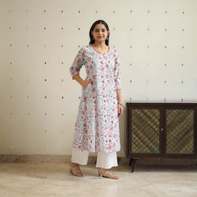 White Block Print Cotton A-Line Sanganeri Kurta for Women