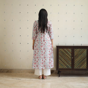 White Block Print Cotton A-Line Sanganeri Kurta for Women