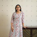 White Block Print Cotton A-Line Sanganeri Kurta for Women