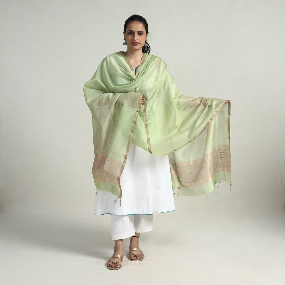 Green - Handloom Silk Cotton Zari Work Maheshwari Dupatta 02