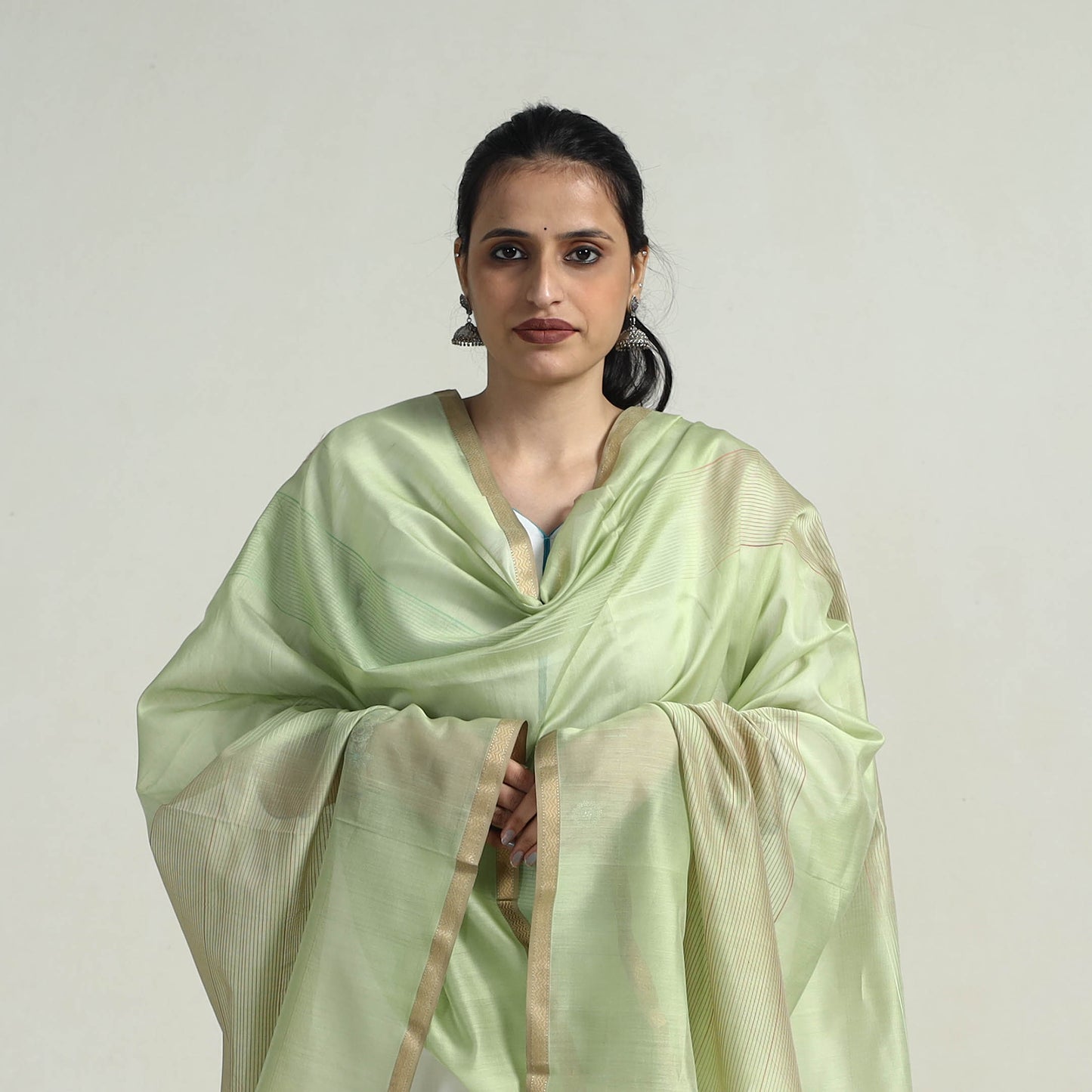 Green - Handloom Silk Cotton Zari Work Maheshwari Dupatta 02