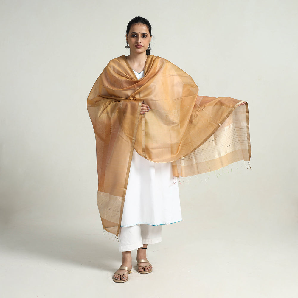 Brown - Handloom Silk Cotton Zari Work Maheshwari Dupatta 04