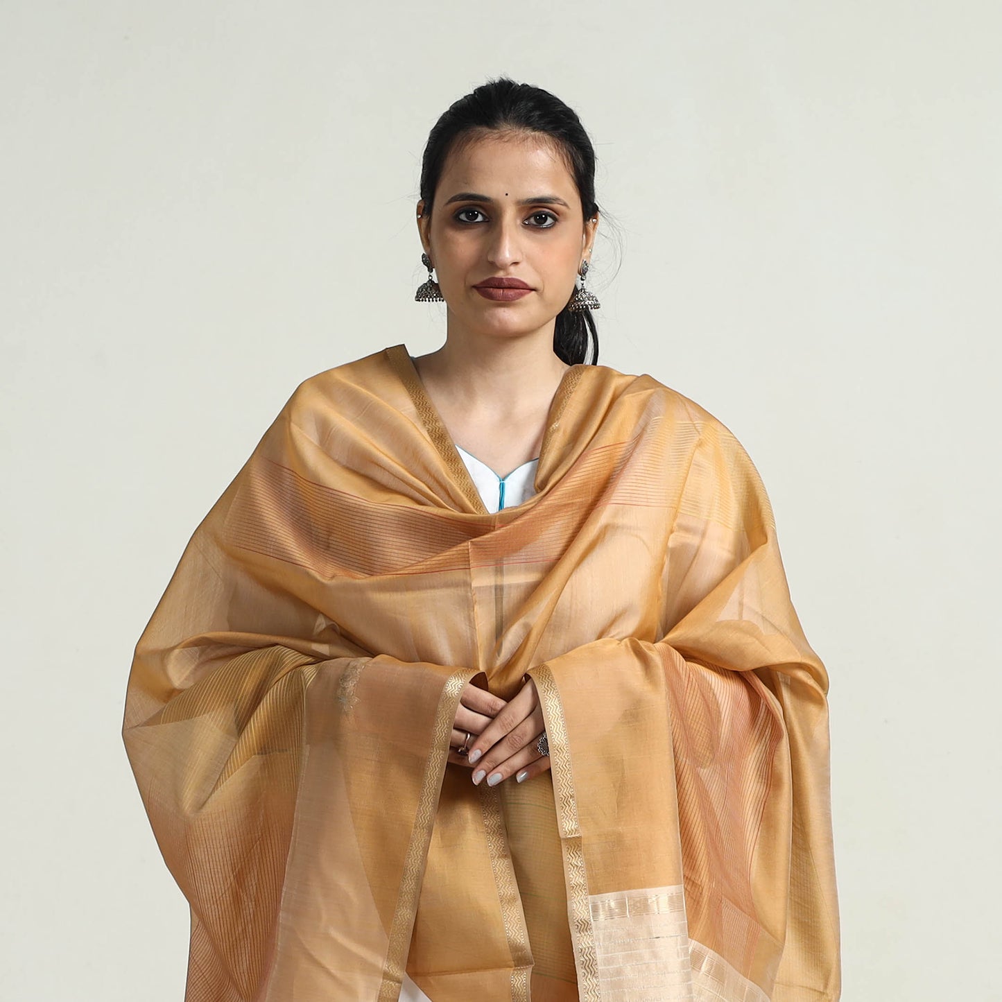 Brown - Handloom Silk Cotton Zari Work Maheshwari Dupatta 04