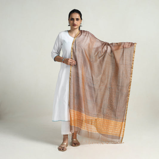 Brown - Handloom Silk Cotton Zari Work Maheshwari Dupatta 05