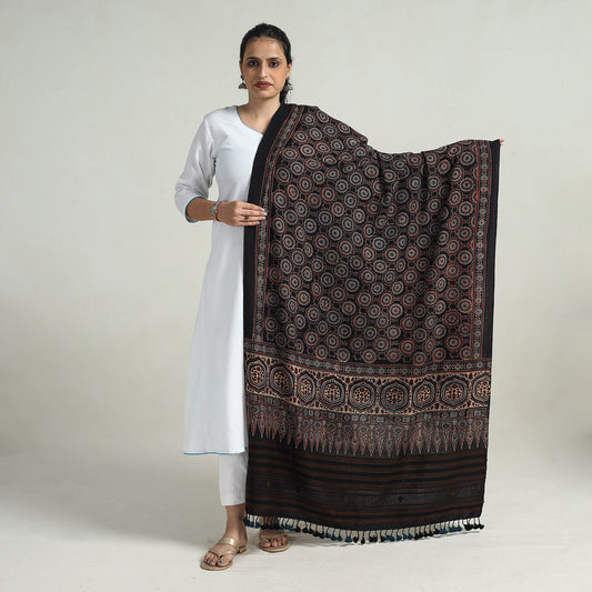 Black - Block Printed Cotton Ajrakh Dupatta with Tassels 03