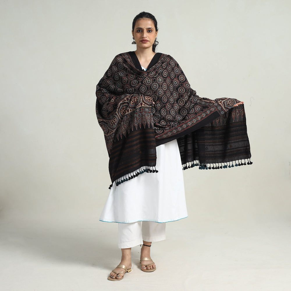 Black - Block Printed Cotton Ajrakh Dupatta with Tassels 03