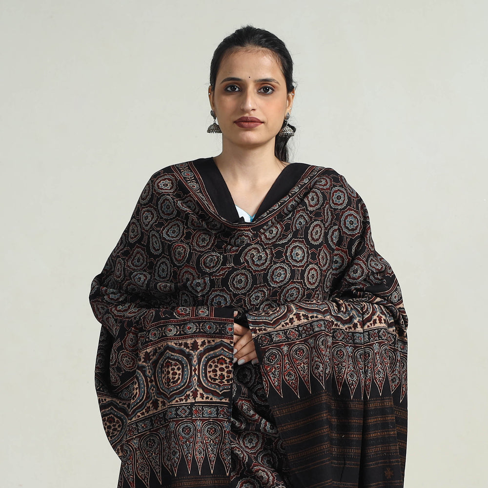 Black - Block Printed Cotton Ajrakh Dupatta with Tassels 03