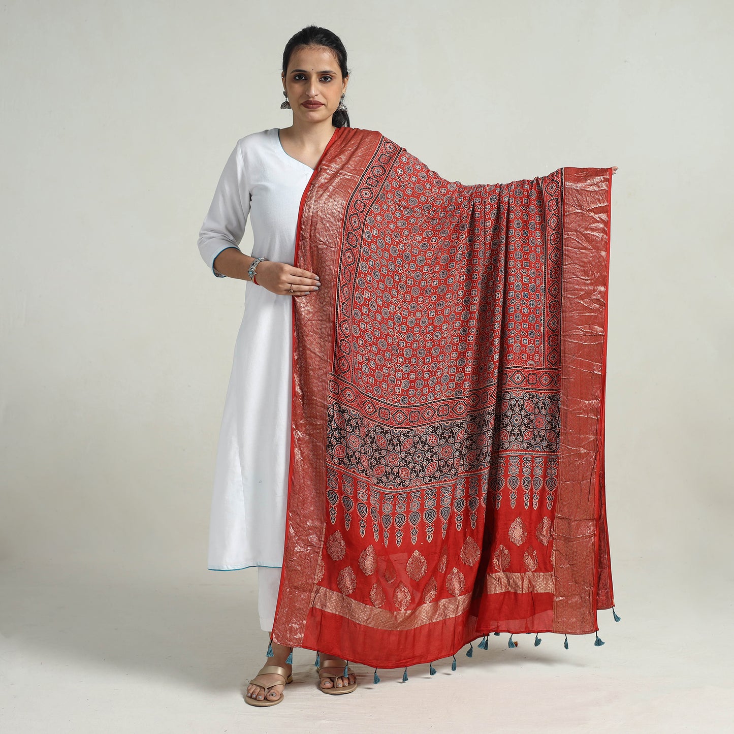 Red - Block Print Dola Silk Ajrakh Dupatta with Zari Border 05