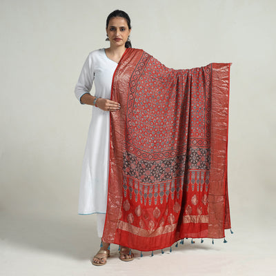 Red - Block Print Dola Silk Ajrakh Dupatta with Zari Border 05