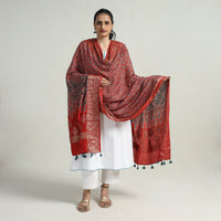 Red - Block Print Dola Silk Ajrakh Dupatta with Zari Border 05