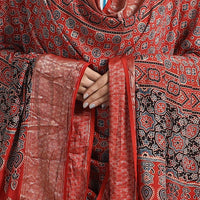 Red - Block Print Dola Silk Ajrakh Dupatta with Zari Border 05