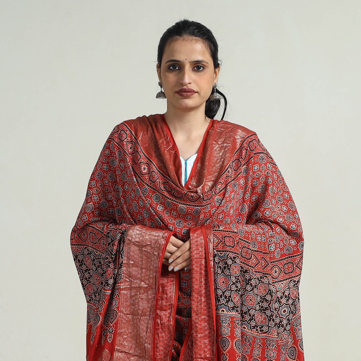 Red - Block Print Dola Silk Ajrakh Dupatta with Zari Border 05