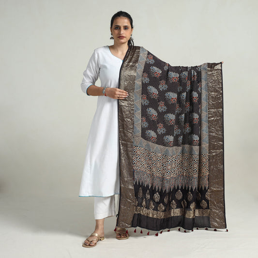 Black - Block Print Dola Silk Ajrakh Dupatta with Zari Border 06