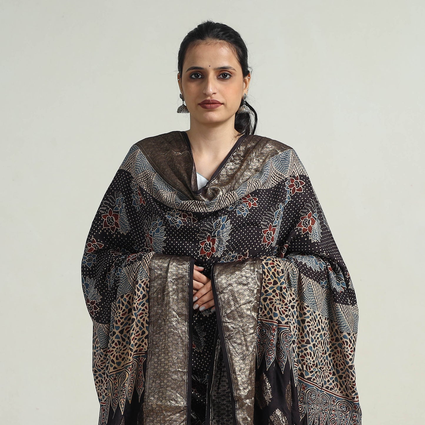 Black - Block Print Dola Silk Ajrakh Dupatta with Zari Border 06