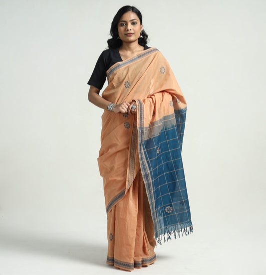 Brown - Mangalagiri Handloom Cotton Buta Saree with Thread Border