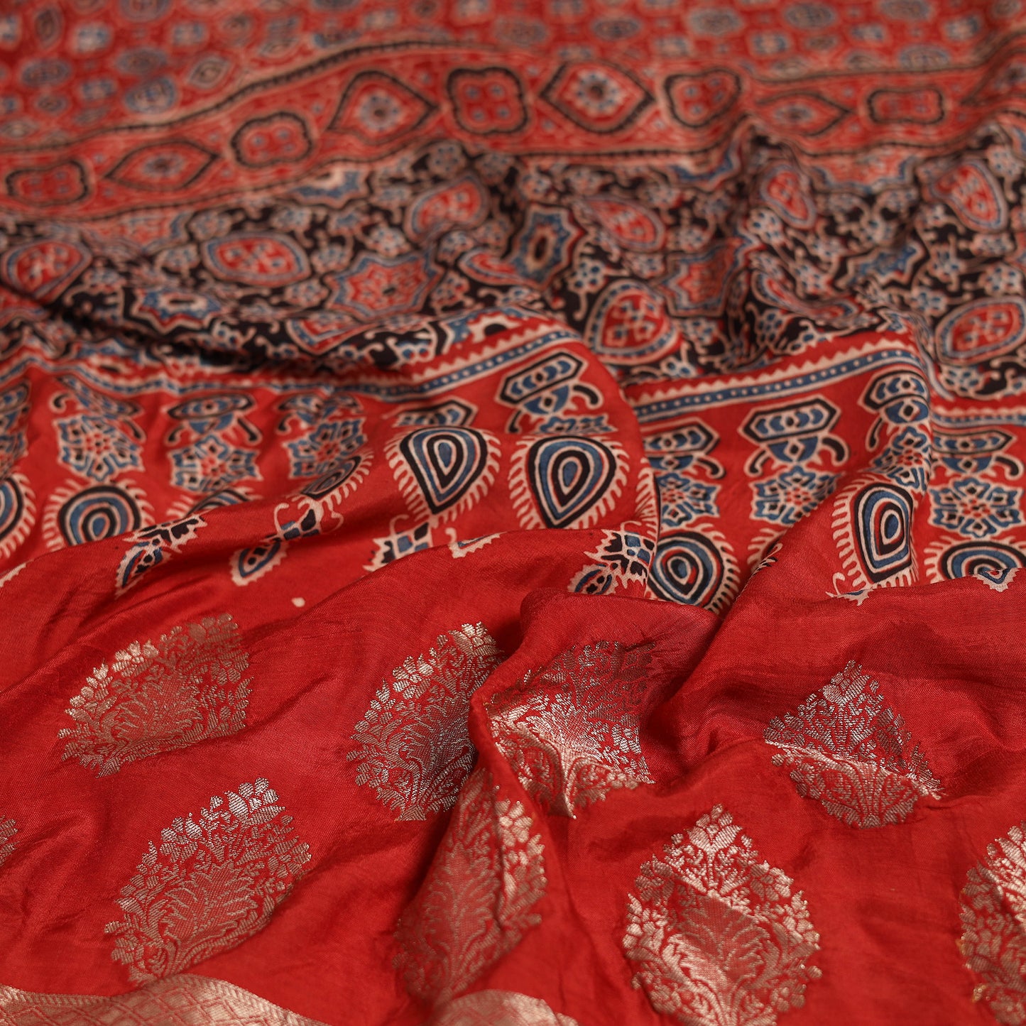 Red - Block Print Dola Silk Ajrakh Dupatta with Zari Border 05