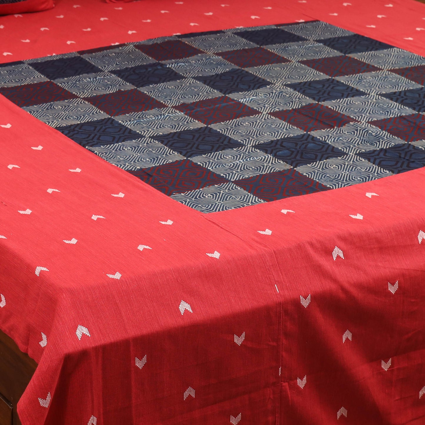 Red Jacquard with Ajrakh Modal Silk Patch Cotton Bedsheet Set