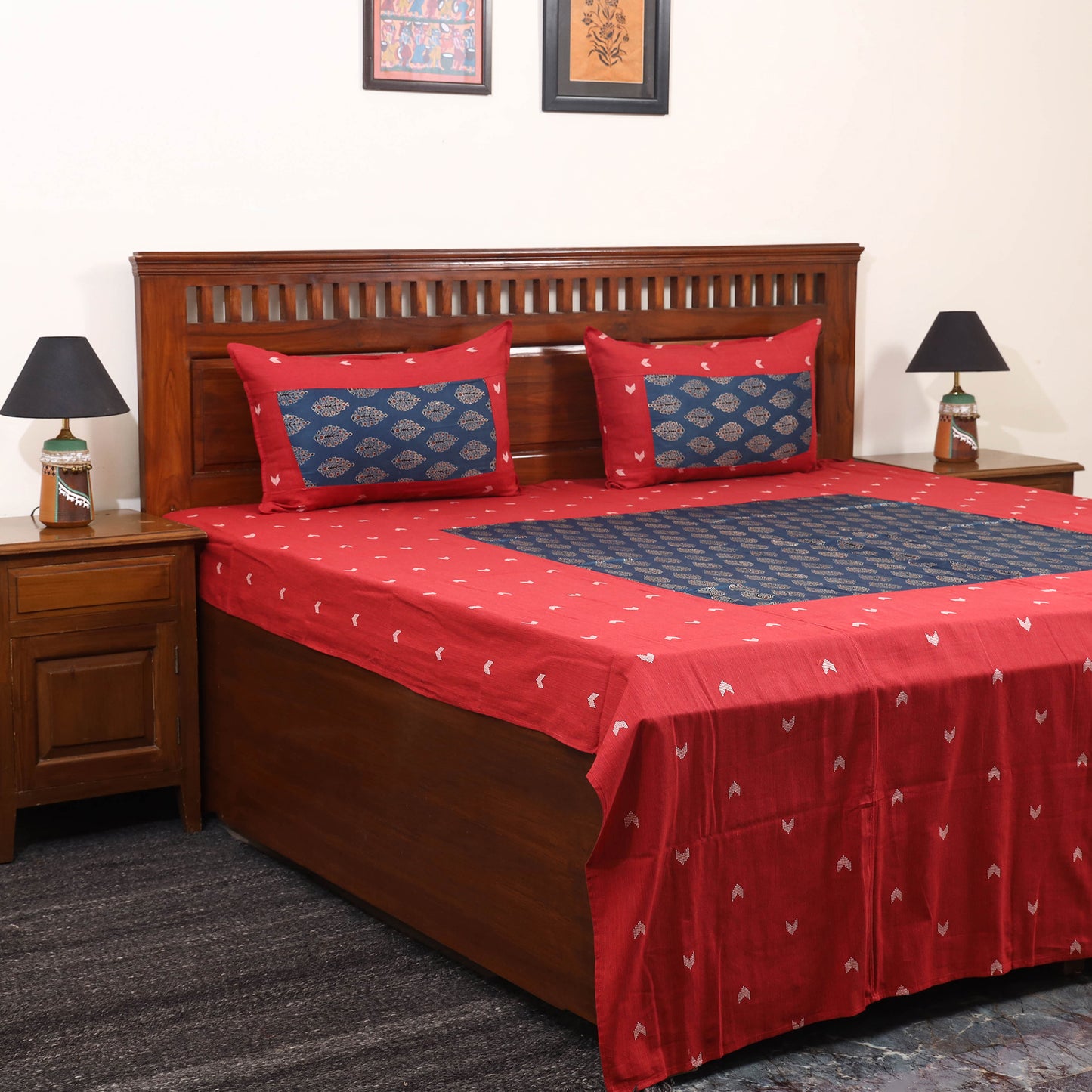 Red - jacquard with modal silk patch cotton bedsheet set 04