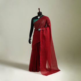 Red - Nazaakat Kota Doria Cotton Plain Saree with Blouse & Jewellery Set 95
