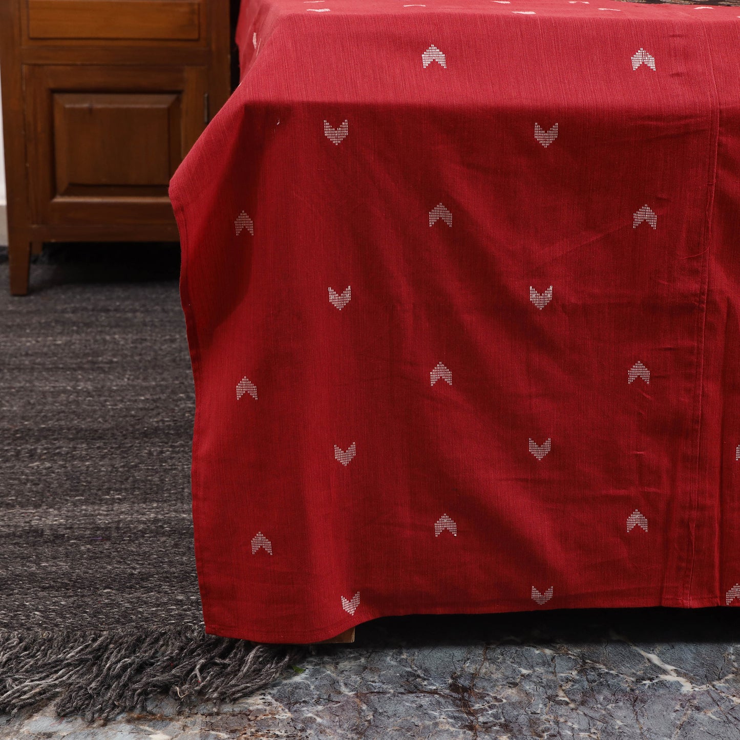 Red Jacquard with Ajrakh Modal Silk Patch Cotton Bedsheet Set