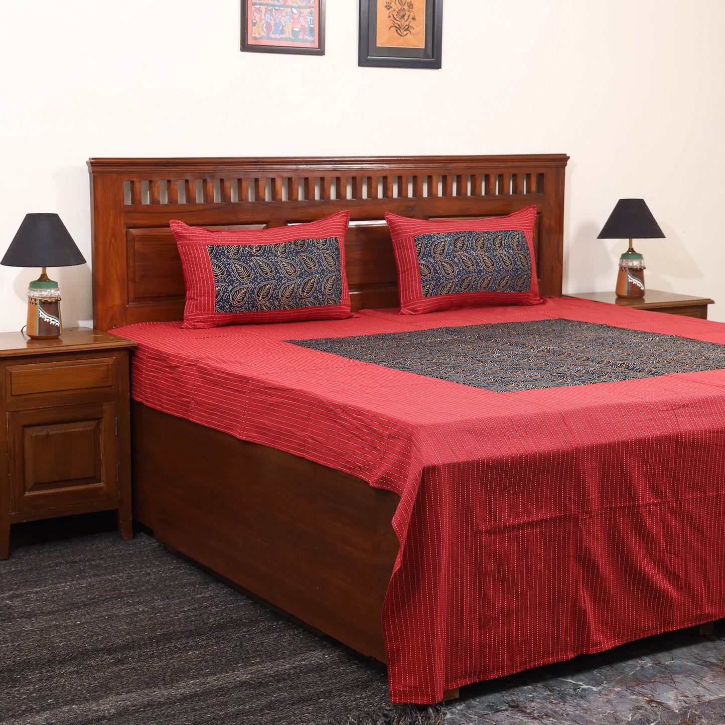 Red Jacquard with Ajrakh Modal Silk Patch Cotton Bedsheet Set