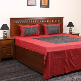 Red Jacquard with Ajrakh Modal Silk Patch Cotton Bedsheet Set